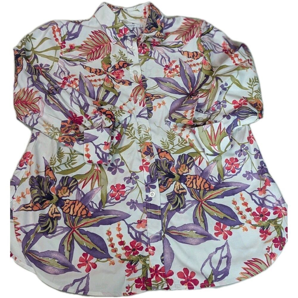 Chico’s Floral Hibiscus Button Down Shirt Size 0 S Tropical Cotton Stretch